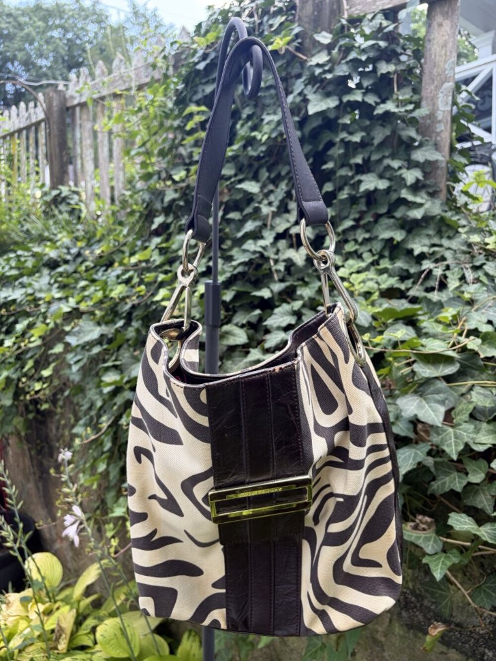 Nine West Zebra Print Hobo Shoulder Bag Faux Leather Brown Cream Y2K Pink Lining - Picture 3 of 16